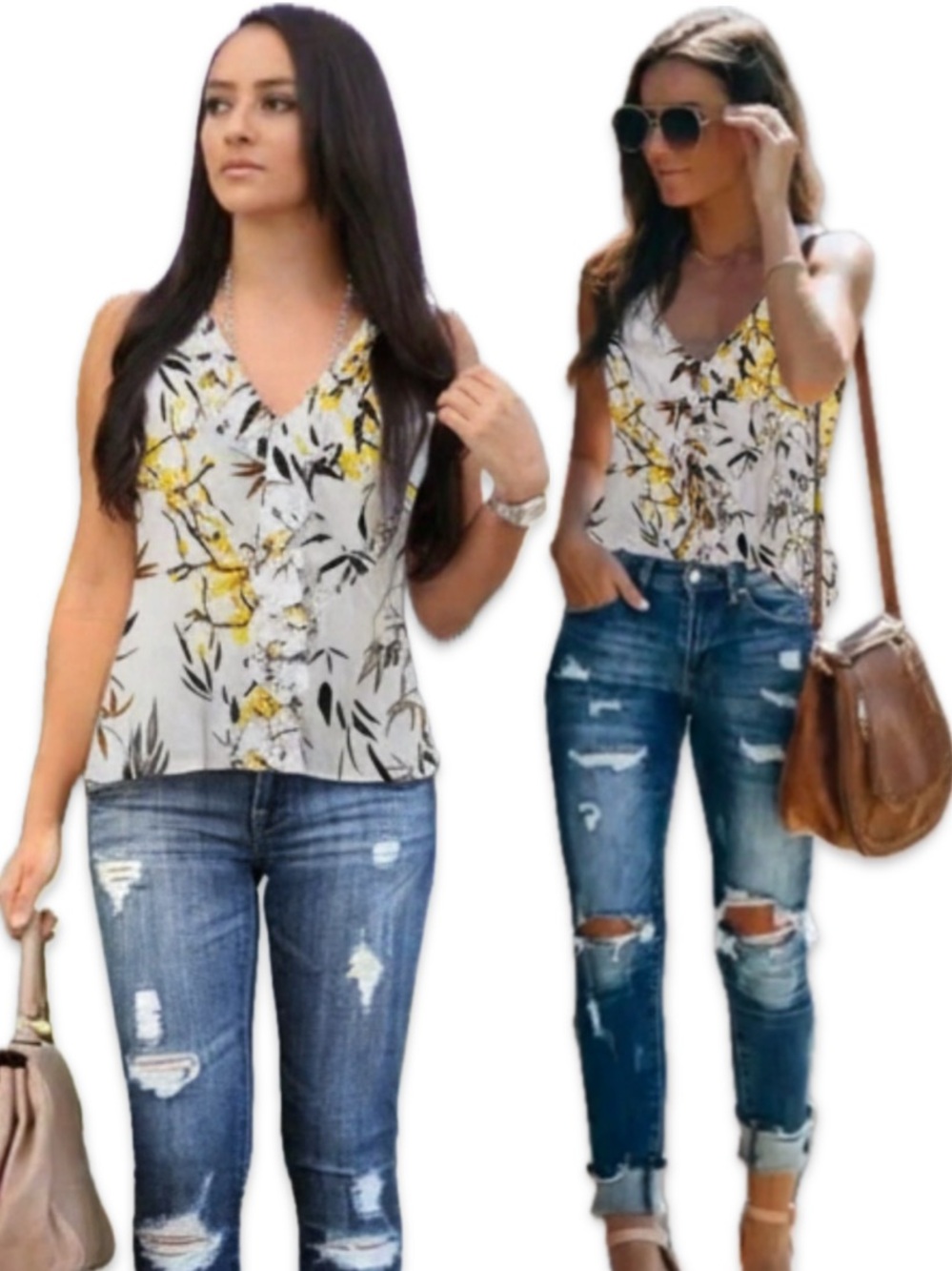 Le Chateau White Floral Button Up V-Neck Ruffle Tank Top Size XS